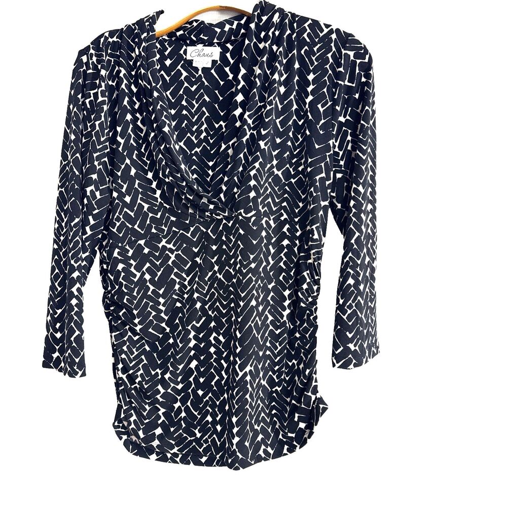 Chaus Women's 3/4 Sleeve Black & White V Neck Blouse - L - ruched sides